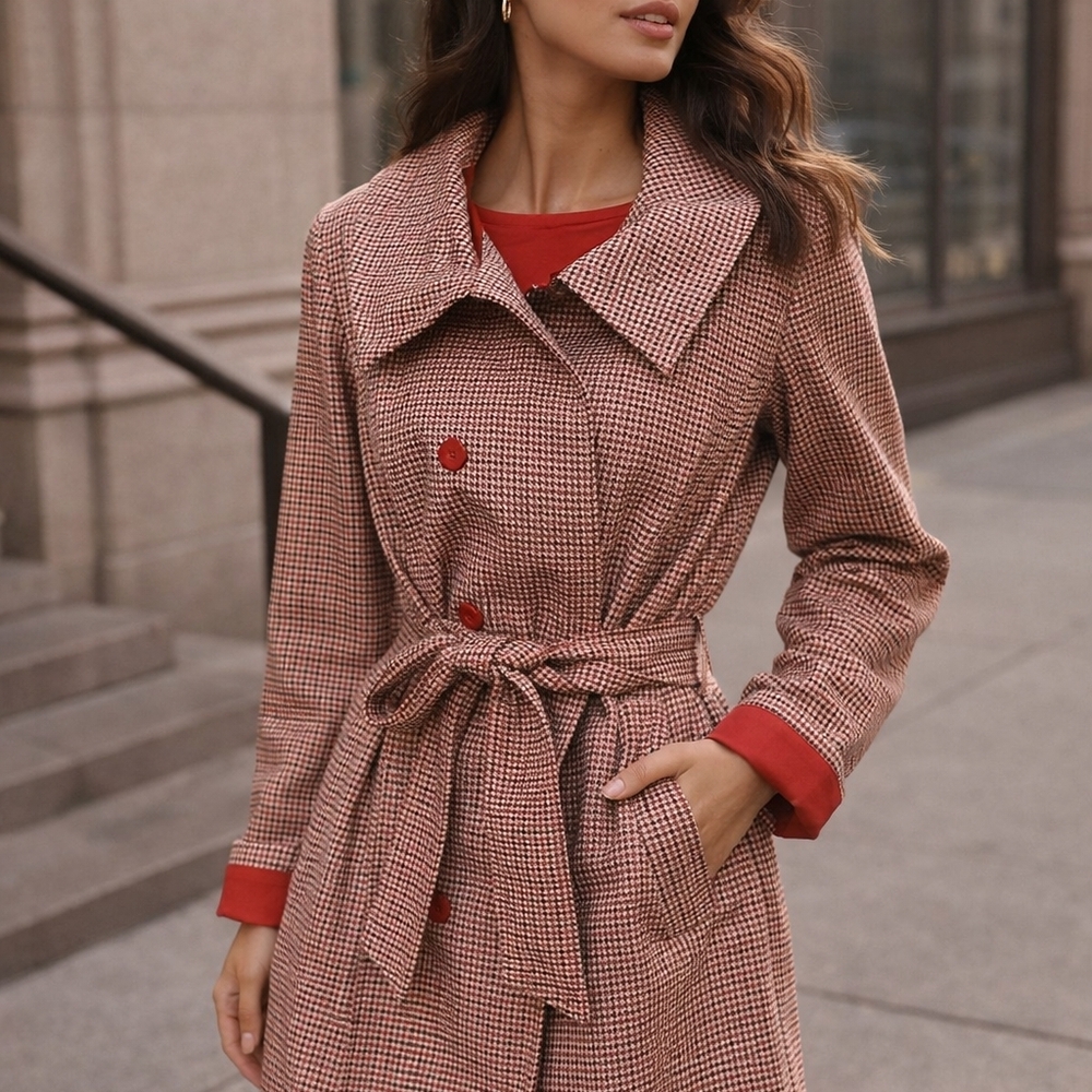 Women's Houndstooth Coat with Red Accents